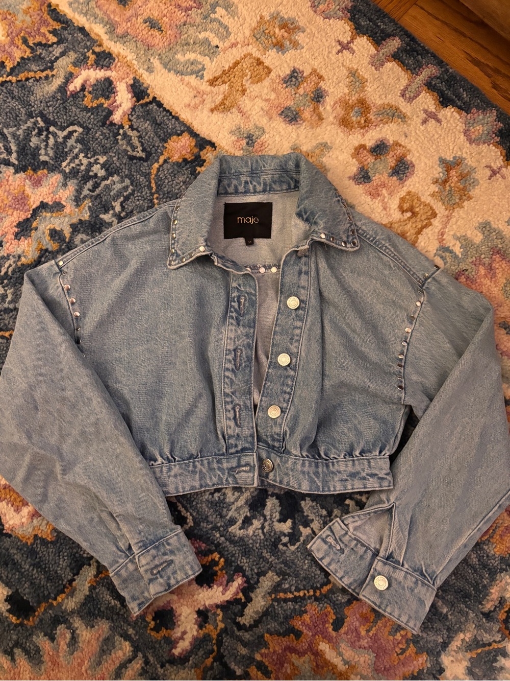 Maje Light Blue Cropped Denim Jacket with studded silver  Accents size XS l
